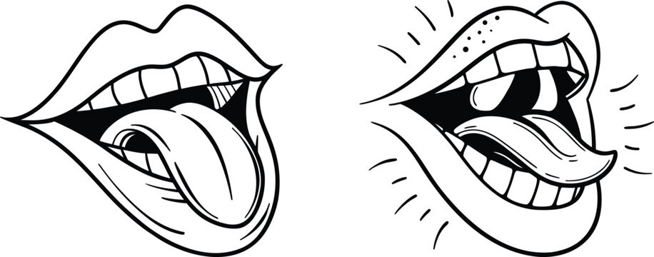 Stylized artistic line art drawing of two open human mouths with tongues extended showing facial expressions sketches.