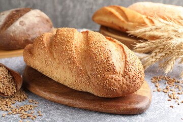 Naklejka premium Loaf of bread with sesame seeds, grain and spikes on grey table, closeup