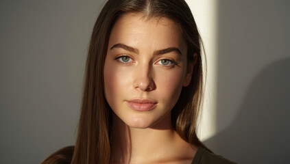 Naklejka premium Young woman portrait with soft directional light and neutral expression