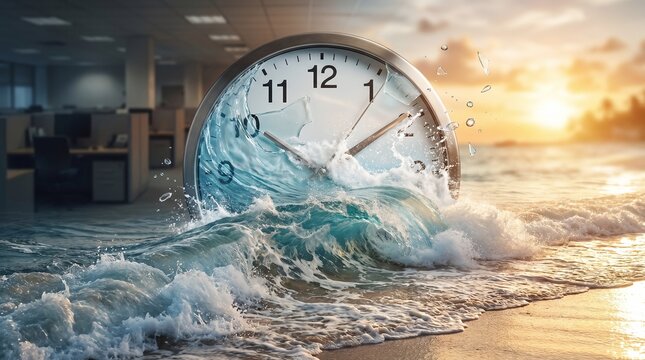 A giant clock face submerged in a rising tide of water, symbolizing the relentless passage of time and impending disaster, with a beach and sunset in the background