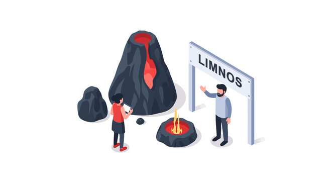 Isometric Illustration of Volcano Erupting with People and Signage.