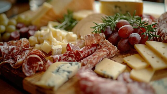 A delectable platter of assorted cheese varieties, cold cuts, grapes, and fresh herbs.