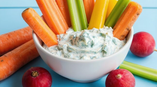 Colorful raw vegetable sticks like carrots celery and bell pepper are dipped in creamy herbal dip. Fresh radishes rest near white bowl on blue wood surface. Healthy appetizer for party.