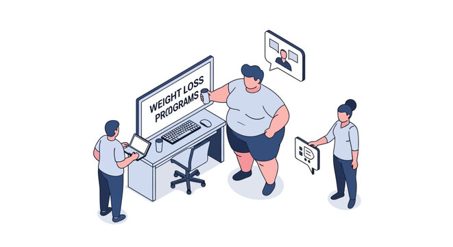 Isometric illustration of weight loss program with people and computer.