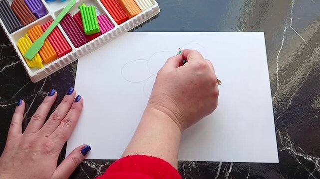 
Drawing of a daisy with a simple pencil, top view close-up, accelerated version. Series of daisies made of plasticine on paper