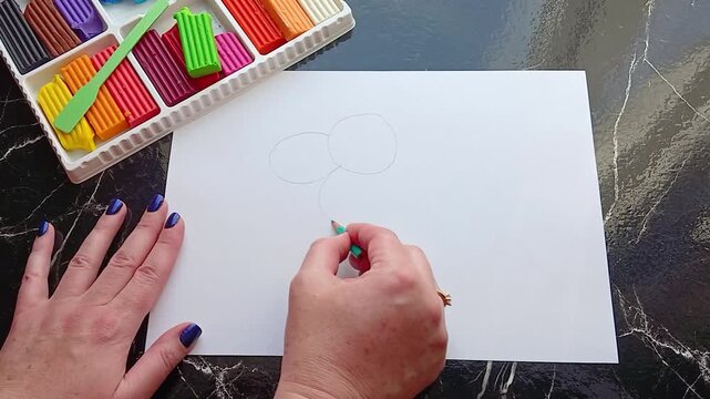 Drawing of a daisy with a simple pencil, top view close-up. Series of daisy made of plasticine on paper