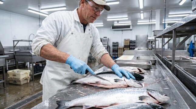 Man gutting fish on processing table in commercial kitchen  