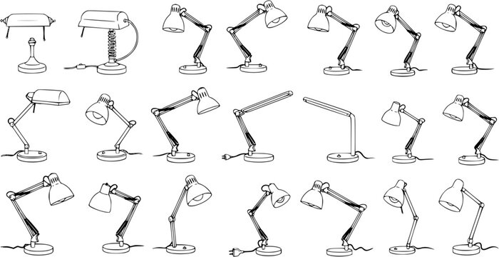 Detailed black and white line art illustrations of various desk lamps, showcasing different styles like swing arm, LED, and traditional designs.