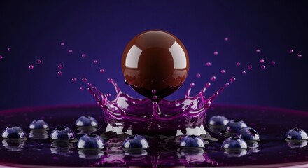 Naklejka premium A glossy chocolate sphere drops into a pool of vibrant purple liquid, creating a dramatic splash with scattered blueberries
