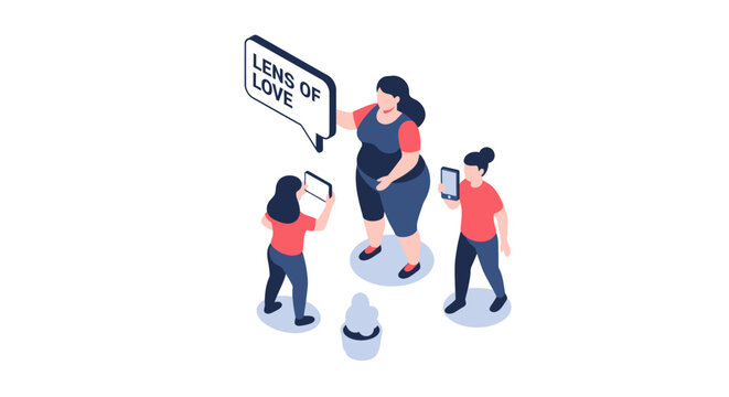 Isometric illustration of three people with speech bubble and mobile devices.