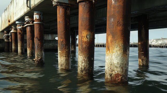 Rusting metal pilings emerge from the dark water under a concrete bridge, showing severe corrosion and decay from constant exposure to the harsh marine environment and weathering
