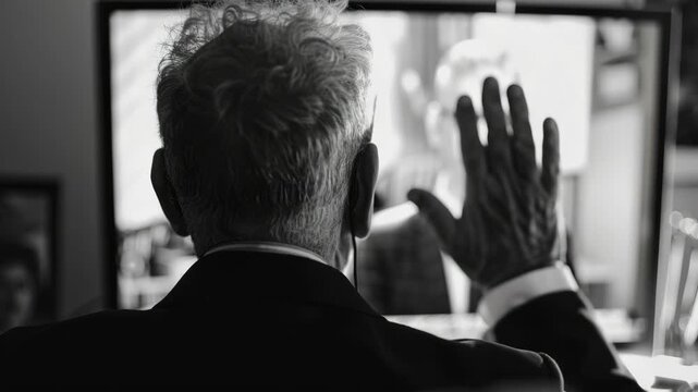 A man dressed in a suit, sitting down and enthusiastically waving his right hand. The has a blurry effect.