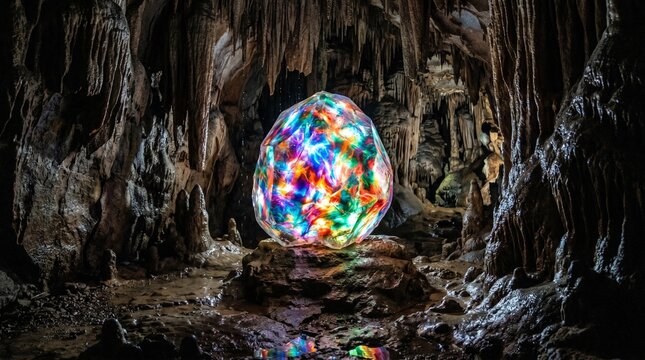 Glowing multicolored crystal inside a dark cave with stalactites