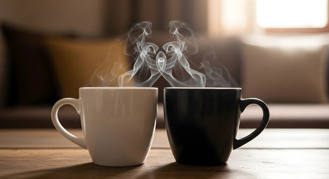 two steaming cups of coffee on a wooden table with soft light coming through a window in the background