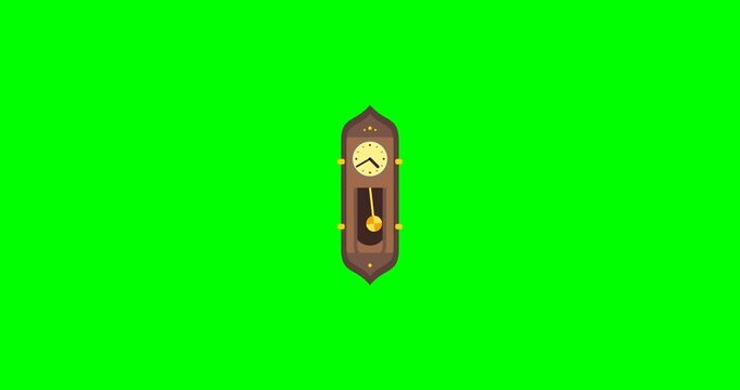 Antique wooden pendulum clock animation with moving swinging pendulum on green screen
