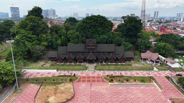 Aerial view flying away from malacca sultanate palace museum