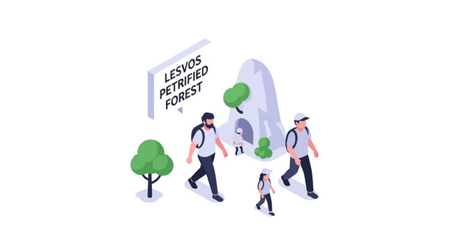 Isometric Illustration of Tourists Exploring Lesvos Petrified Forest.