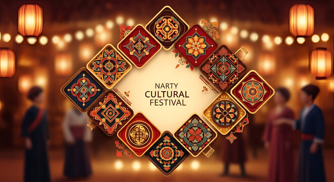 Narty Cultural Festival celebration with traditional ornamental patterns and glowing lanterns vibrant ethnic design