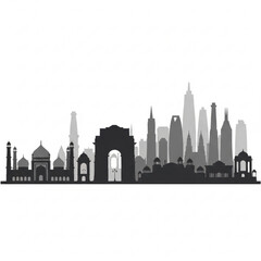 Obraz premium A black and gray silhouette of the New Delhi skyline with modern skyscrapers and historic monuments