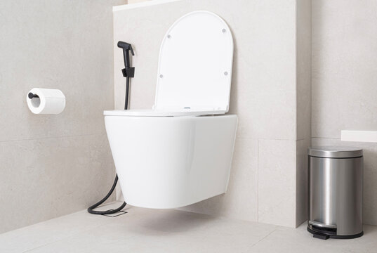 Interior of modern bathroom with white toilet bowl, hygienic shower tap and bin