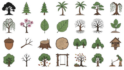 Fototapeta premium Diverse Botanical Elements: A collection of various trees, leaves and other related botanical elements, offering a rich array of design assets for any project. 
