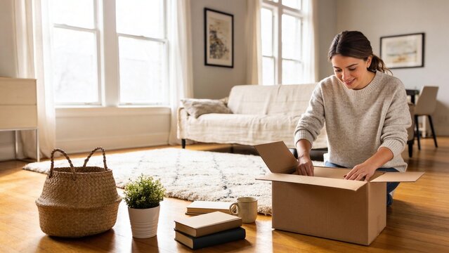 A woman unpacks a box in a bright living room, embodying a cozy relocation lifestyle with soft colors and home decor.