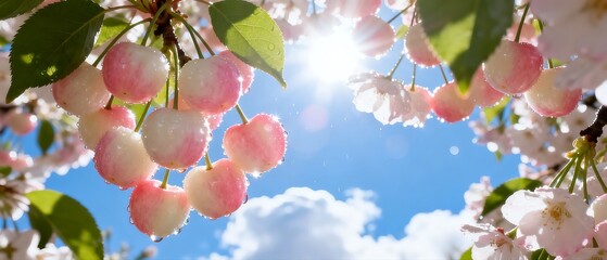 Pink Cherry Blossoms Against Bright Blue Sky with Sun