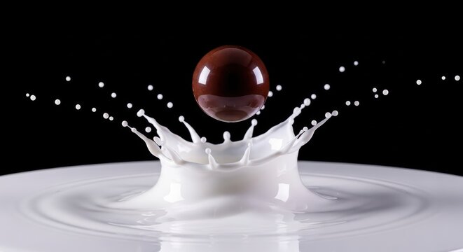 A chocolate ball falling into a splash of milk creating a crown shape against a black background