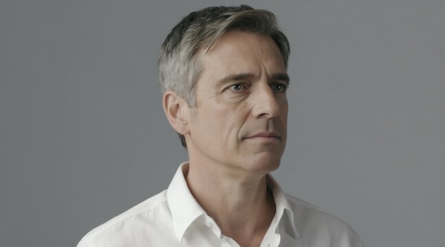 Mature man with grey hair wears white shirt. His thoughtful gaze suggests wisdom and calm. Pensive expression on face. Natural, classic look. Elegant style, dignified poise.