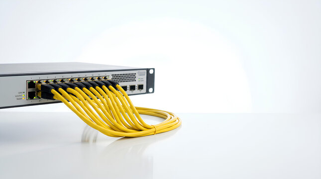 Network switch with yellow ethernet cables extending out, ready for data transfer