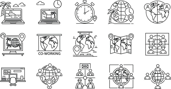 Remote Work and Co-Working Icon Set Featuring Laptop, Global Connection, Virtual Office, and Time Zone Symbols