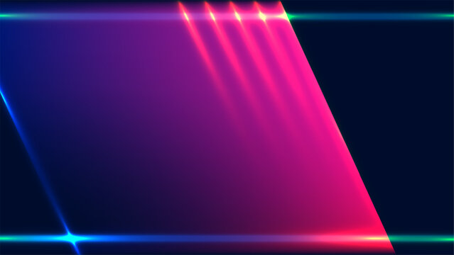 abstract neon geometric background with purple parallelogram and pink light streaks on dark blue blue background with glow lines for futuristic technology and gaming banner design