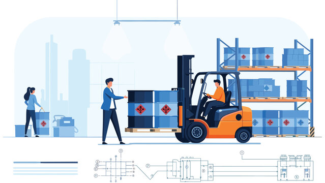 Workers in a warehouse using a forklift to move hazardous material barrels, illustrating industrial logistics, safety, and chemical storage.