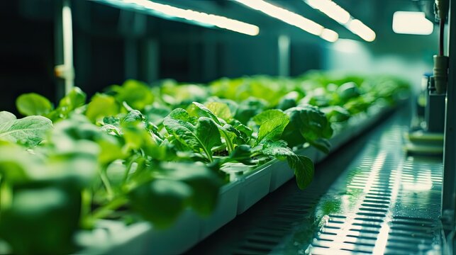Rows of fresh green plants growing under led lights