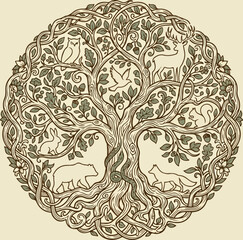 Fototapeta premium Celtic Tree of Life Illustration with Woodland Animals in Circular Frame.