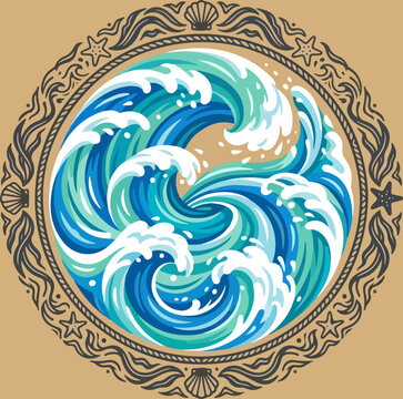 Circular artistic illustration of swirling ocean waves with decorative nautical frame.