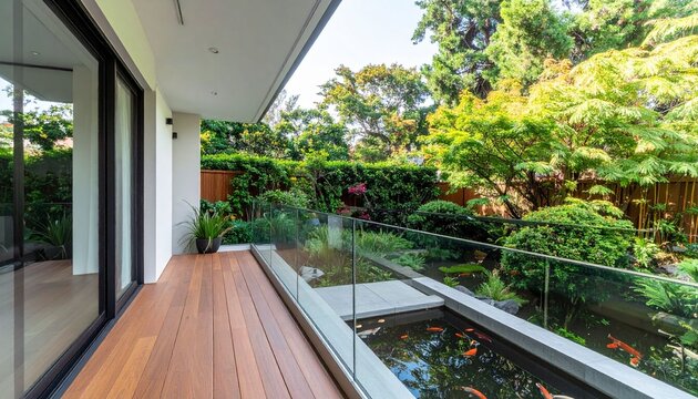 Modern patio with koi pond and lush garden