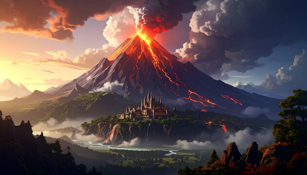 Volcanic eruption above valley fortress