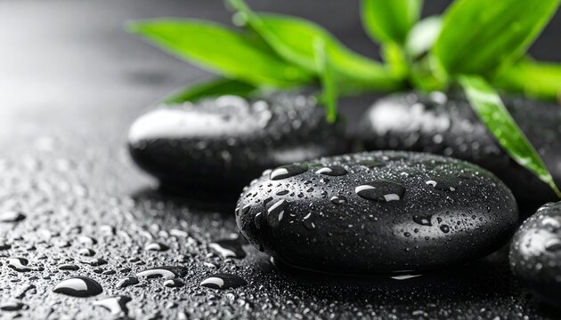 Zen stones and bamboo with water drops
