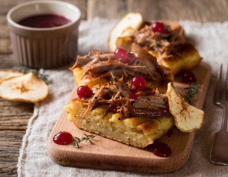 Potato cake with duck confit baked in small, rectangular pans. Jerky duck confit topped with redcurrant gels and dried apples. Rustic style.