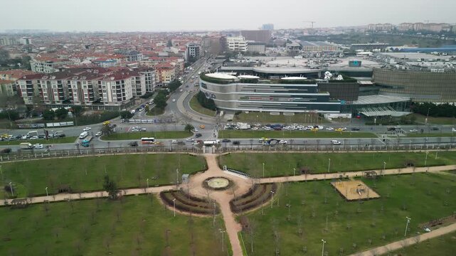 Istanbul/Turkey circa 2023: Marmara Forum shopping mall drone strafe right shot