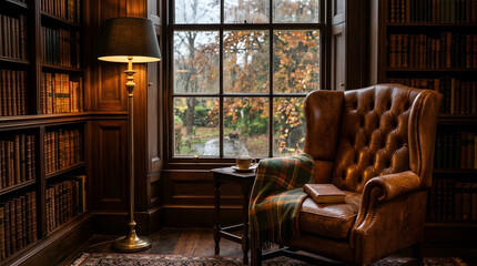 Fototapeta premium Tufted leather wingback chair in cozy Victorian library reading nook