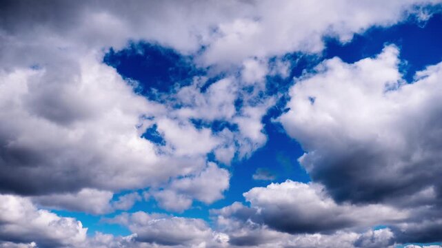 Fast motion time lapse of white clouds forming against a bright vibrant blue sky. The varying shades and shapes create a unique high contrast cloudscape texture.