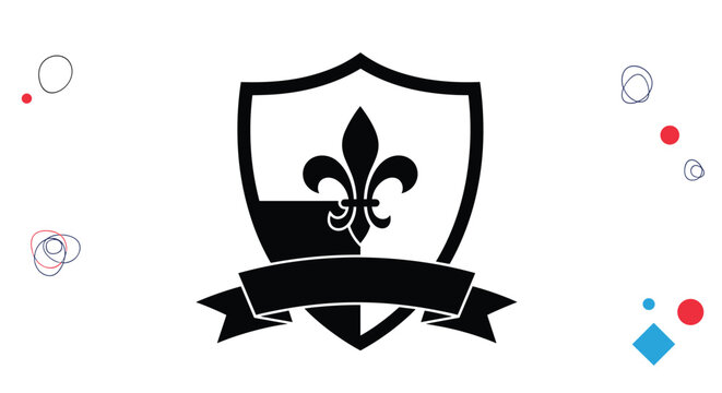 Royal heraldic shield featuring a classic fleur-de-lis symbol and a blank banner ribbon set against a decorative minimalist background.