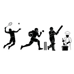 Fototapeta premium A black and white vector graphic illustration of various sports players and a chef in silhouette
