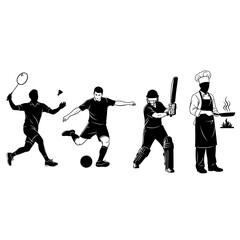 Fototapeta premium A vector graphic illustration of four silhouetted men engaging in different sports and a chef cooking.