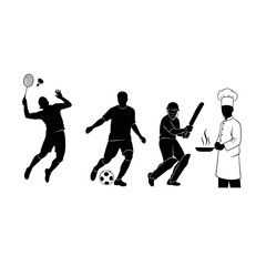 Fototapeta premium A vector graphic illustration of four silhouetted figures engaging in different activities, including sports and cooking.