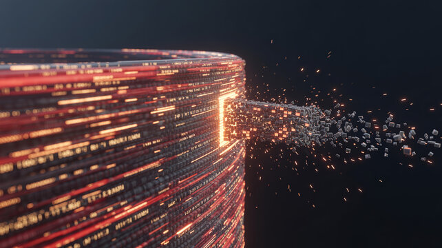 Abstract data processing visualization with orange particles escaping from circular server structure representing big data storage and cloud computing transfer process.