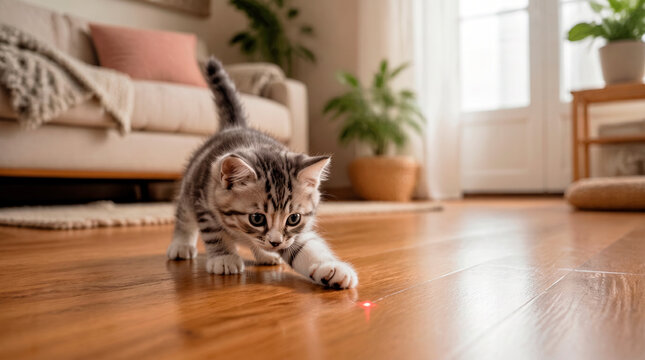 Tabby kitten playing with a red laser pointer dot on a hardwood floor. Young domestic cat crouching and reaching with its paw in a living room