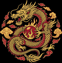 Fototapeta premium Golden Chinese Dragon Holding A Flaming Pearl In Traditional Asian Style.